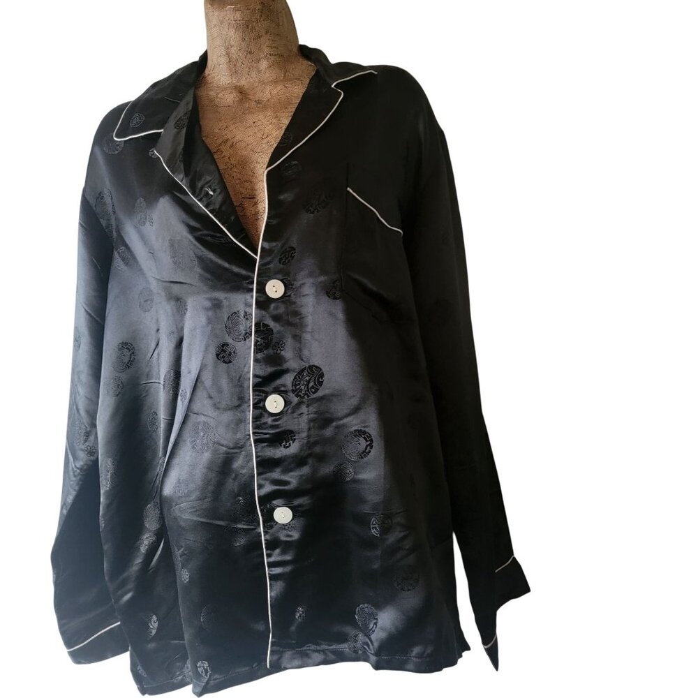 Vtg Black Silk Pajama Shirt With White Piping SIze 46